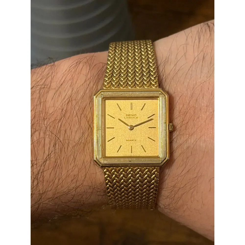 Seiko Lassale Quartz Gold Tone Rectangular Watch Mesh Bracelet